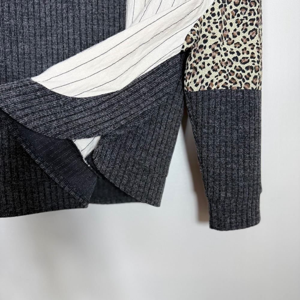 THML Womens Sweater Size S Gray Colorblock Leopard Pinstripe Ribbed Mixed Media - Picture 3 of 7